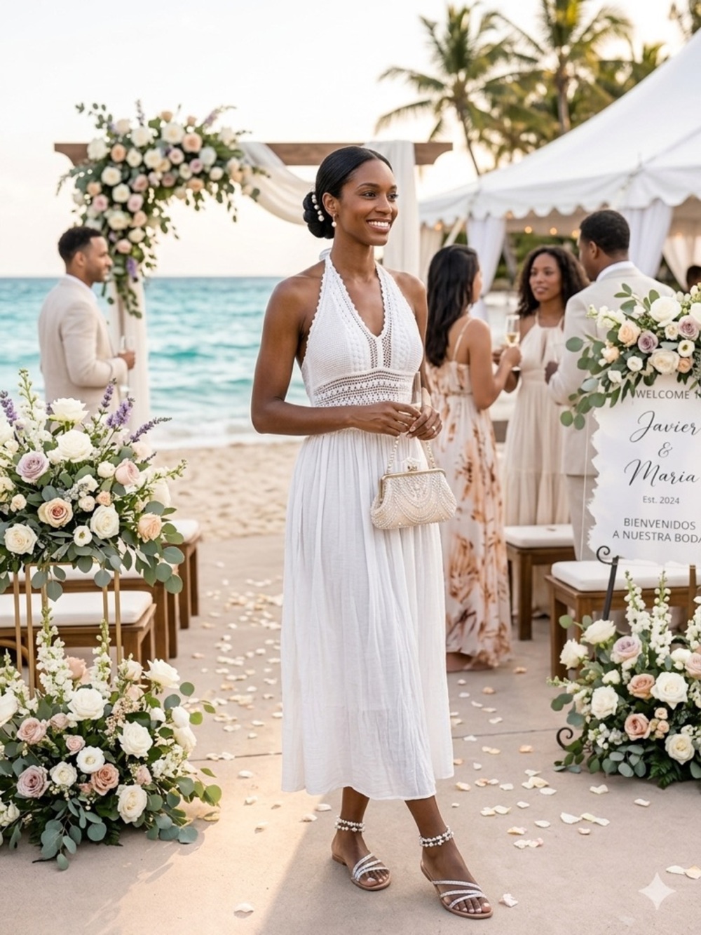 White Crochet Halter Maxi Dress — Beach Wedding Guest